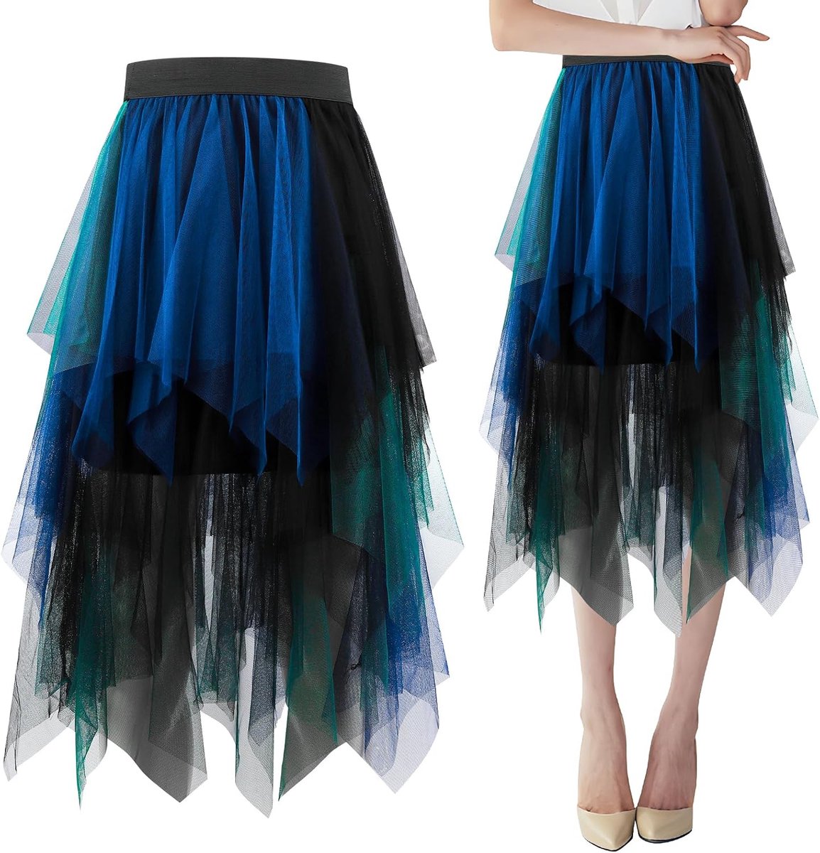 Tulle-decoratie voor dames, asymmetrisch, onregelmatige netplooien, hoge taille, midi A-lijn, petticoat, petticoat, plooirok, carnaval, feest