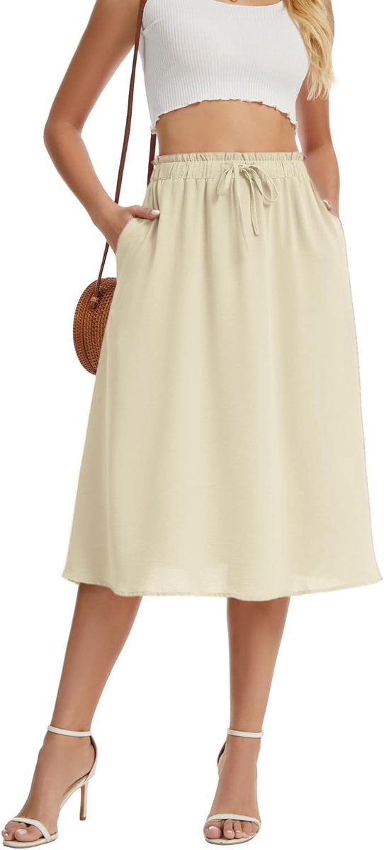 Rokken voor Vrouwen A-Lijn Elegante Hoge Taille Midi-Rok Met Trekkoord Zomer Lichtgewicht Casual Met Zakken