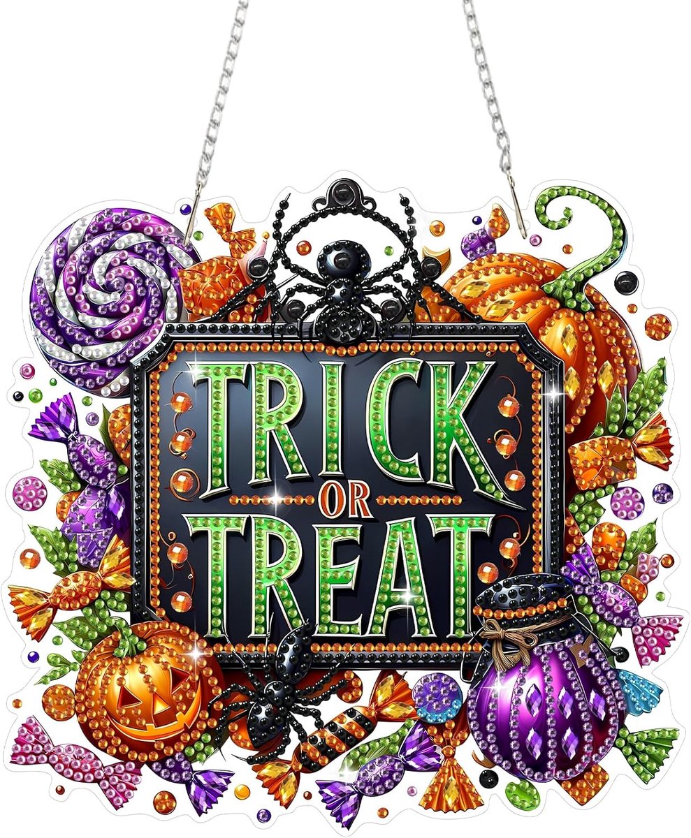 Halloween Hangende diamant-pompoen en snoep hangerset voor volwassenen en kinderen, 5D kunstschilderset voor volwassenen, doe-het-zelf edelsteen, knutselset voor thuis, tuin, wanddecoratie