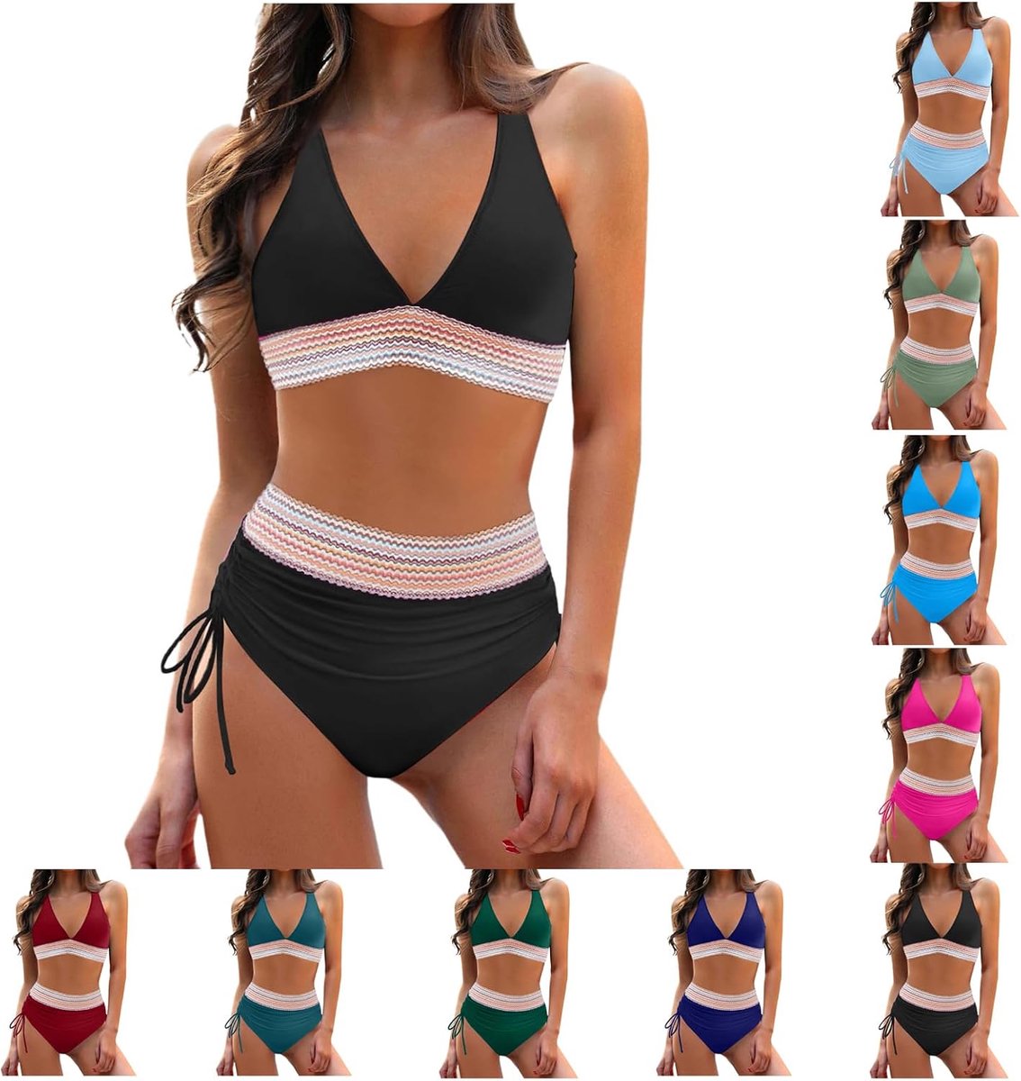Tweedelige bikini met V-hals en hoge taille, kleurrijk, met strikjes