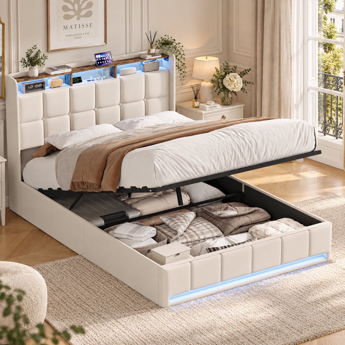 MEXUS Opbergbed 140x200 cm, Tweepersoonsbed met ledverlichting en USB-poorten, Bedframe met gestoffeerd hoofdbord en opbergruimte, houten lattenbodem, linnen Beige