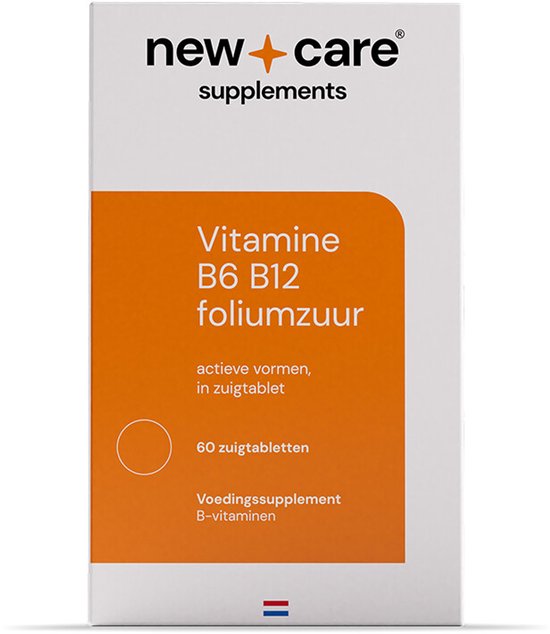 Verpakking van New Care Vitamine B6 B12 foliumzuur. Oranje met witte tekst. Bevat 60 zuigtabletten.
