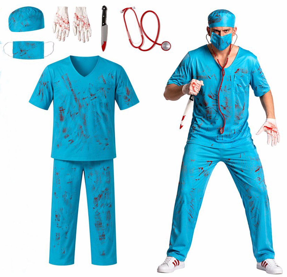 Partyxclusive 7-Delig Zombie Chirurg Man Shirt/Broek/Hoed/Stethoscoop/Mes/Handschoenen & Mondmasker Halloween Kostuum Heren Verkleedkleren Volwassenen Carnavalskleding Heren - Blauw - Polyester - Maat M