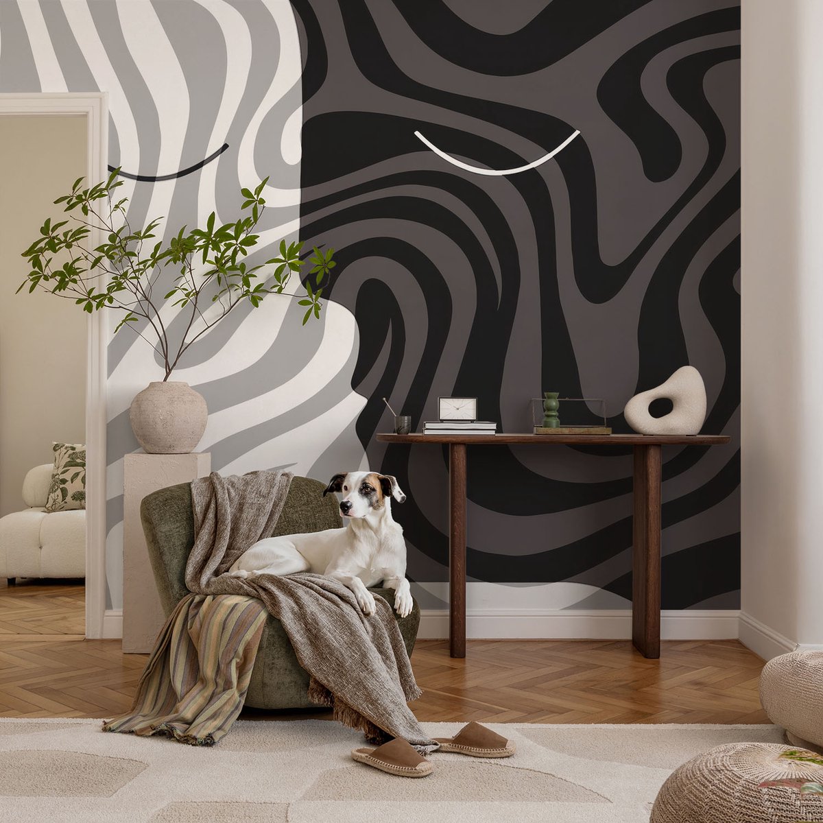 Coloray Vliesbehang - Grijs Snellijm Behang - 104x70 cm - Abstracte Gezichten Fotobehang Vlies - Hal behang Abstractie - Muurschildering - Woonkamer behang