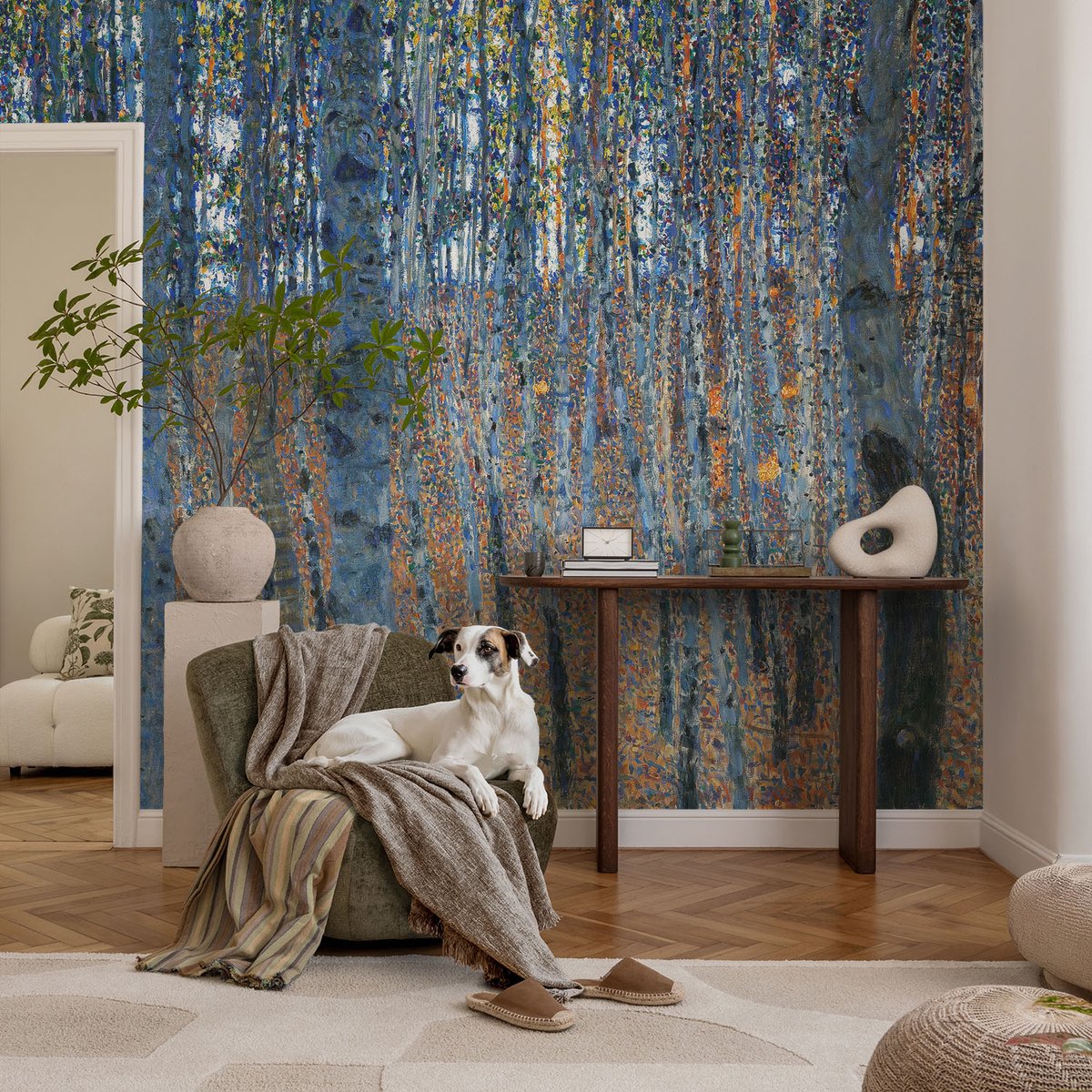Coloray Vliesbehang - Blauw Snellijm Behang - 104x70 cm - Berkenbos Muurschildering - Slaapkamer behang Bloemen En Planten - Fotobehang Vlies - Slaapkamer behang