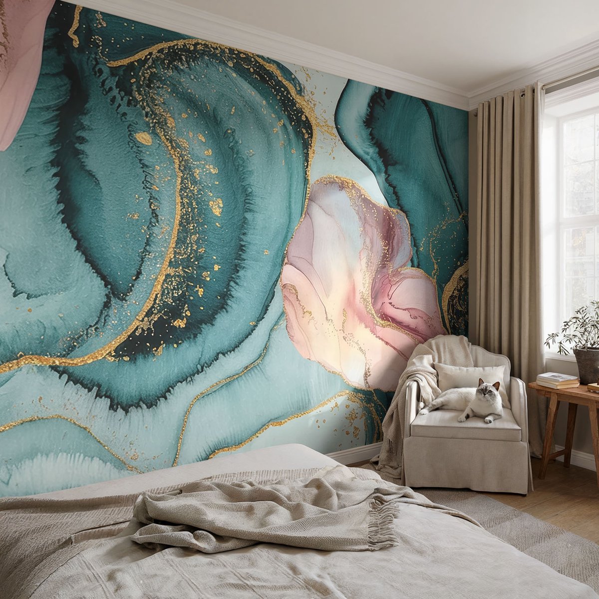 Coloray Vliesbehang - Blauw Snellijm Behang - 104x70 cm - Artistieke Golven Muurschildering - Slaapkamer behang Abstractie - Fotobehang Vlies - Slaapkamer behang
