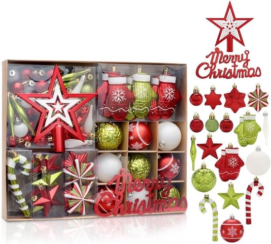 Kerstballen – Kerstornamenten Set - 70 stuks - Rood & groen & wit - onbreekbaar kunststof - kerstboomhangers - decoratie voor thuis en feestjes