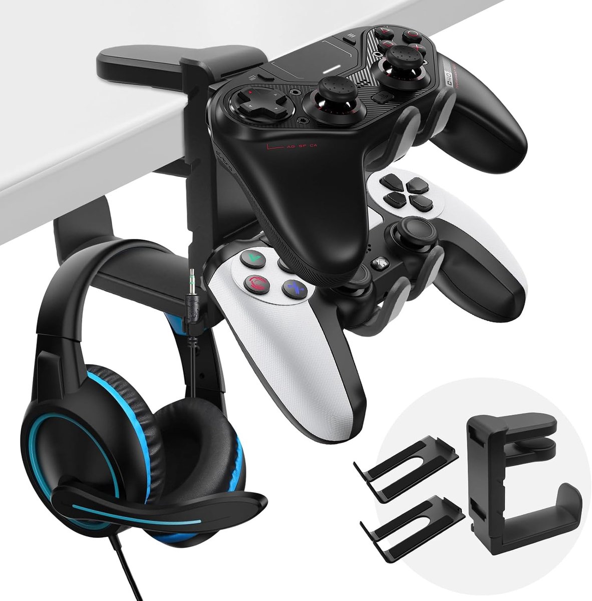 2-in-1 hoofdtelefoonstandaard, controllerhouder, 360° draaibare headsethouder, tafel met kabelorganizer, universele hoofdtelefoonstandaard, gaming-accessoires, zwart