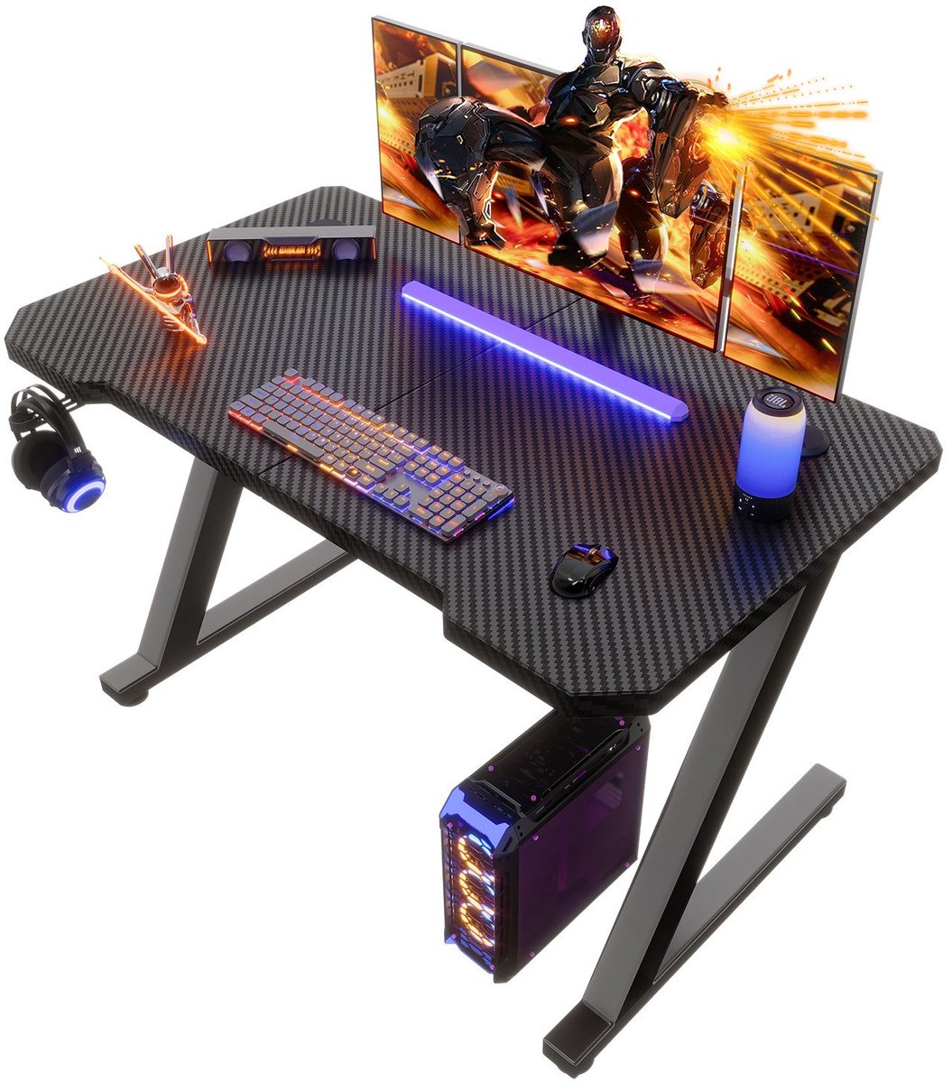 Devoko Gamingbureau 80*50 cm Breed – Carbonlook Bureau met Z-vormig Stalen Frame – Draagvermogen 80 kg – Koptelefoonhaak en Kabeldoorvoeren – Zwart