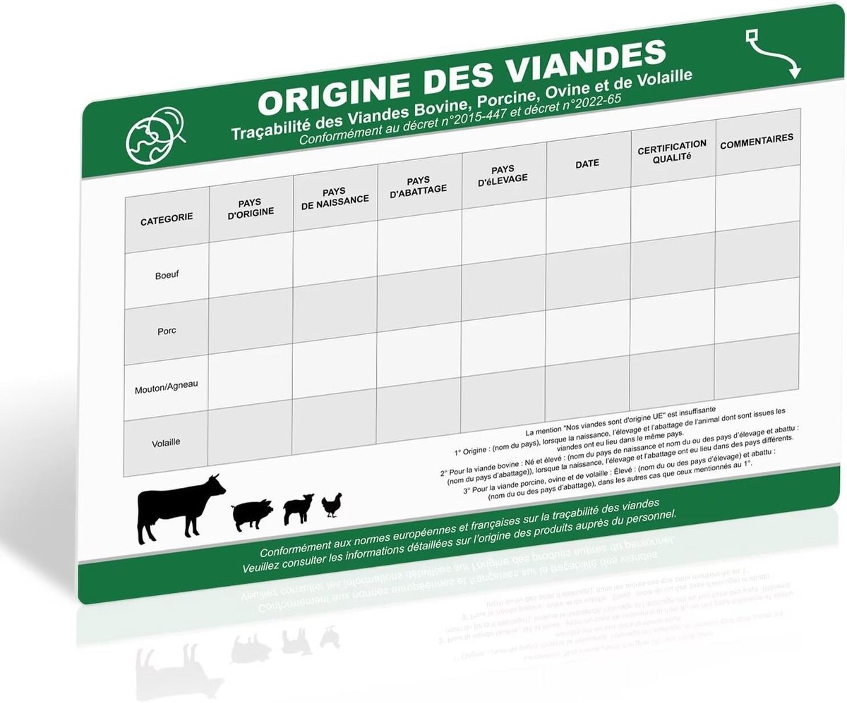 Vleesbord van oorsprong – 300 x 200 mm hard pvc-kunststof – uitwisbaar, herbeschrijfbaar oppervlak – zelfklevend voor eenvoudige installatie