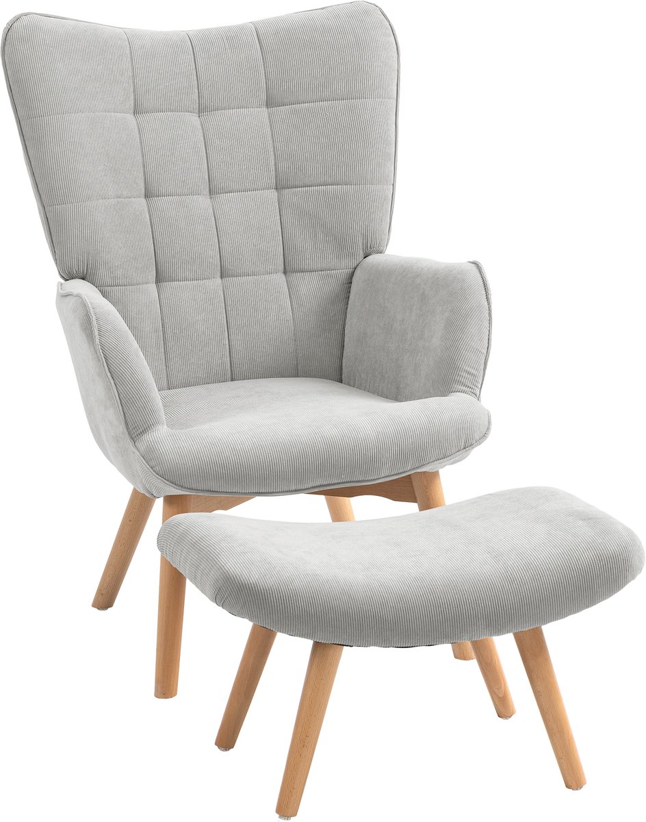 Hoohohoo Oorfauteuil met Hocker – Loungefauteuil met corduroy-textuur – Lounge- en Woonkamerstoel – Fauteuil met houten poten – Draagvermogen 150kg – Grijs