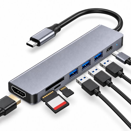 Grijze USB-C hub met 3x USB-A poorten, SD/TF kaartlezers en HDMI.