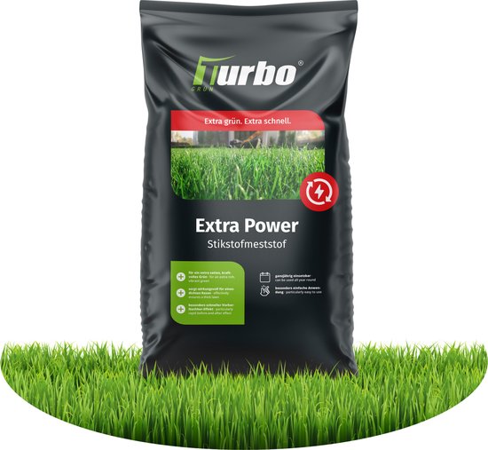 Sac noir avec logo "Turbo GRÜN" et texte "Extra Power Stikstofmeststof". Le sac montre une pelouse verte et dense. Décrit "Extra grün. Extra schnell."