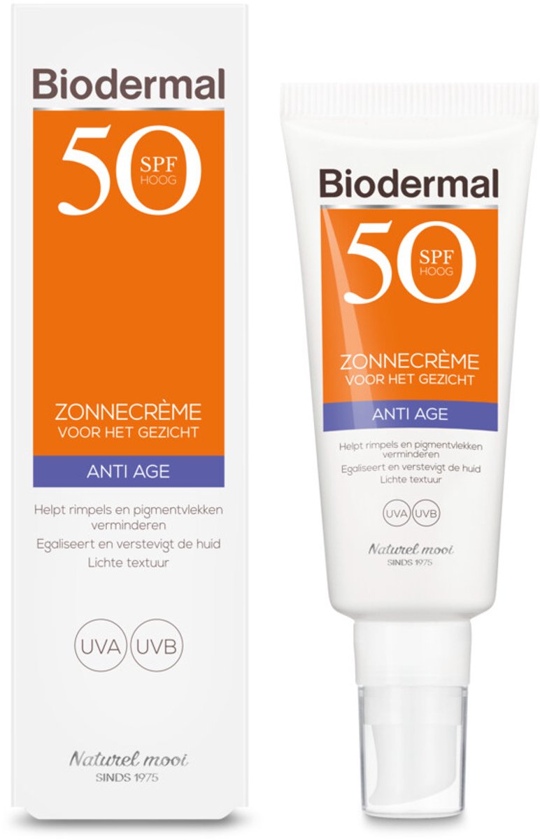 Biodermal Anti Age Zonnebrand SPF 50, 40 ml - Zonnecrème voor het gezicht met UVA/UVB, Helpt rimpels en pigmentvlekken verminderen, Egaliseert en Verstevigt de huid, licht textuur