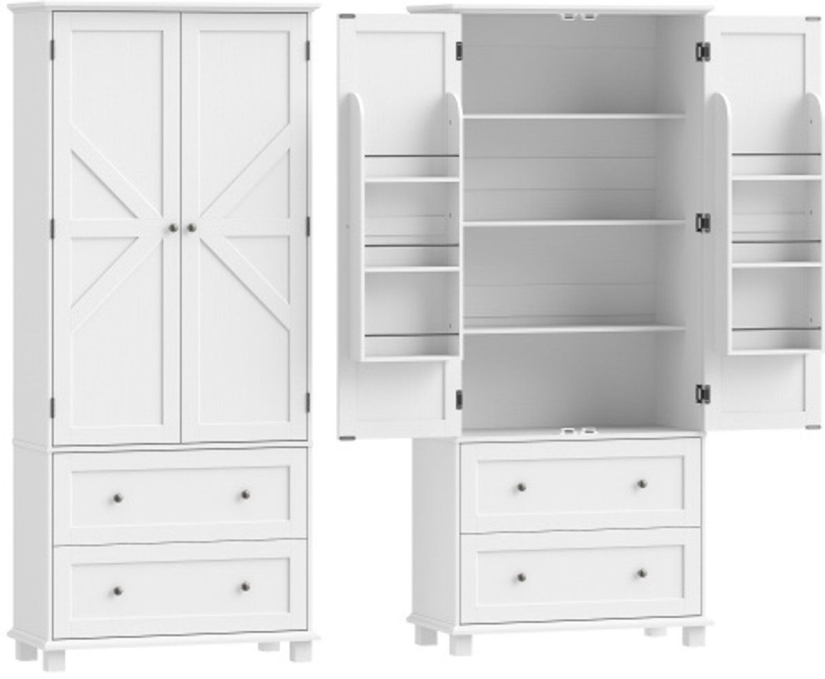 Rolipo Keukenkast en 2 Laden – Voorraadkast met Anti-Kantelbeveiliging – Hoge Opbergkast voor Keuken, Woonkamer of Washok – 80x39,5x184,5cm - Wit