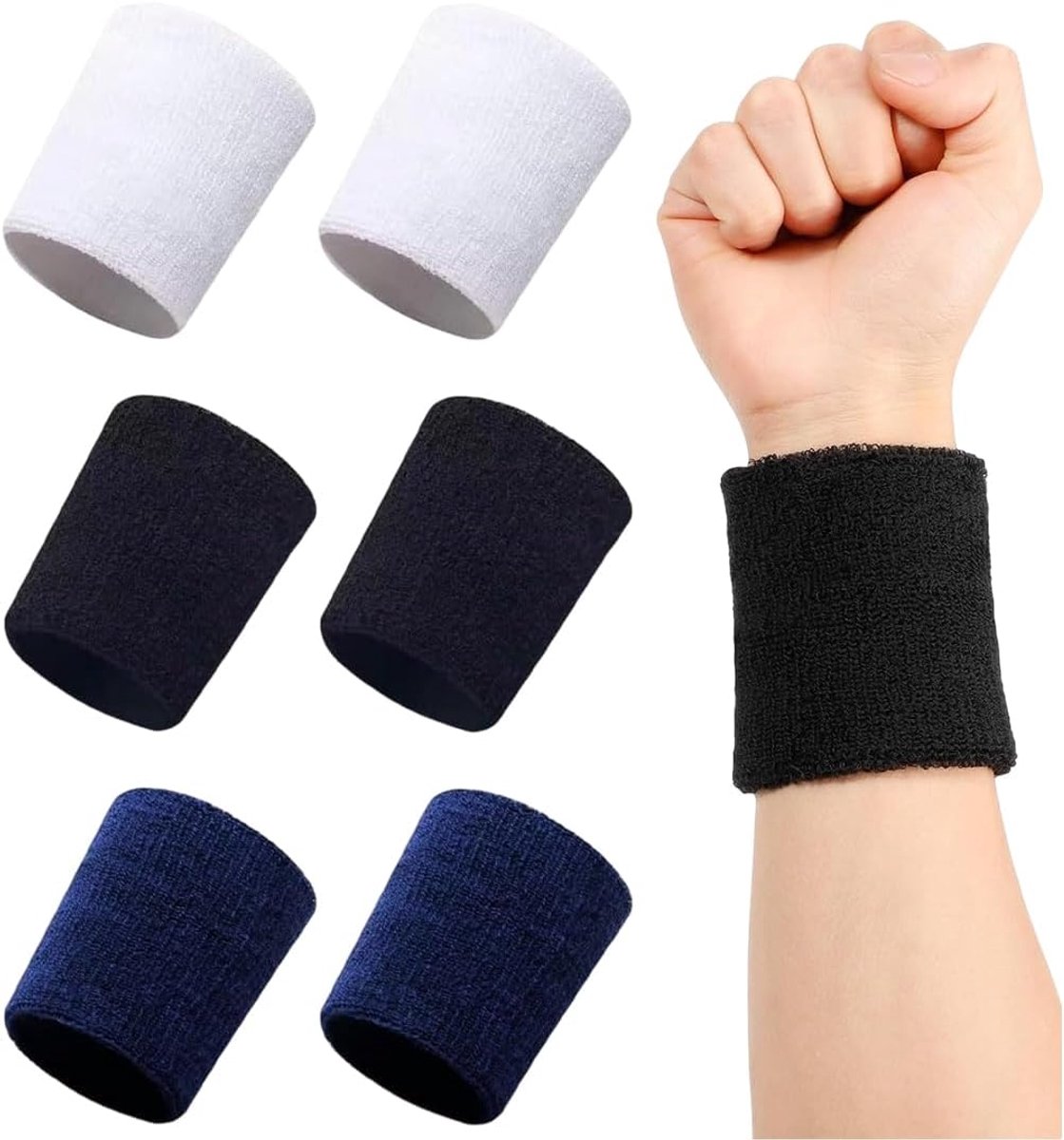 3 paar elastische sportarmbanden, zweetbanden voor sportschool, basketbal, tennis, heren en dames (zwart, wit, donkerblauw, 8 x 8 cm)