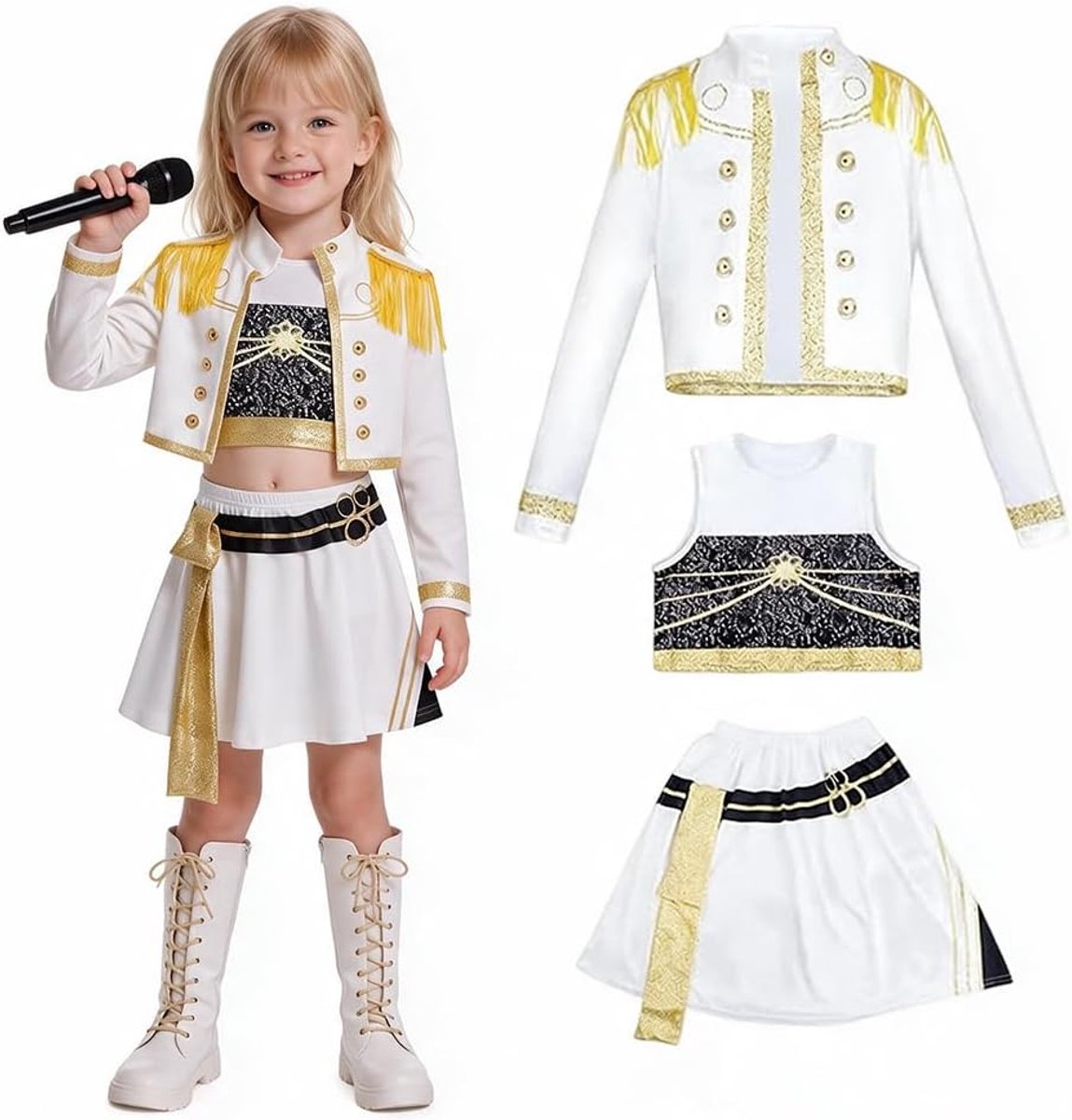 Kostuum voor kinderen, 3-delig anime-cosplay-kostuum met vest, jas, rokken, idool cosplay, popzanger, cosplay, rollenspel, uniform, complete set, voor Halloween, carnaval, podiumjurk
