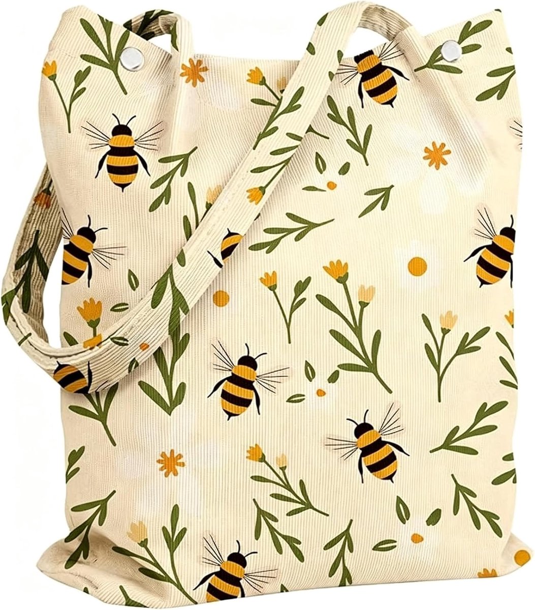 Herbruikbare Tote Bag voor Dames van Corduroy met Vak en Sluiting, Esthetische Bij tussen Bloemen Shopper Tas voor Dames voor Werk, Reizen en