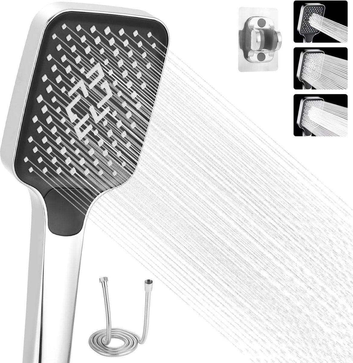 Douchekop met slang, waterbesparend met 3 straalsoorten, douchekop van 105 mm, grote handdouche, douchekop met slang en houder (zilver)