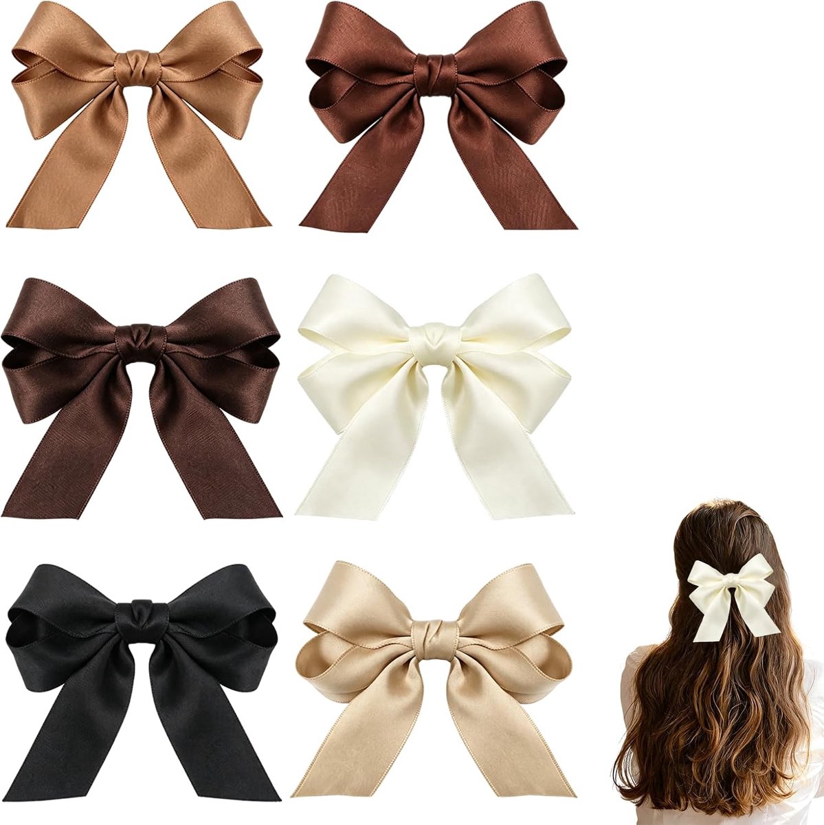 6x Satijnen Strikjes Haarclips Bruin Antislip