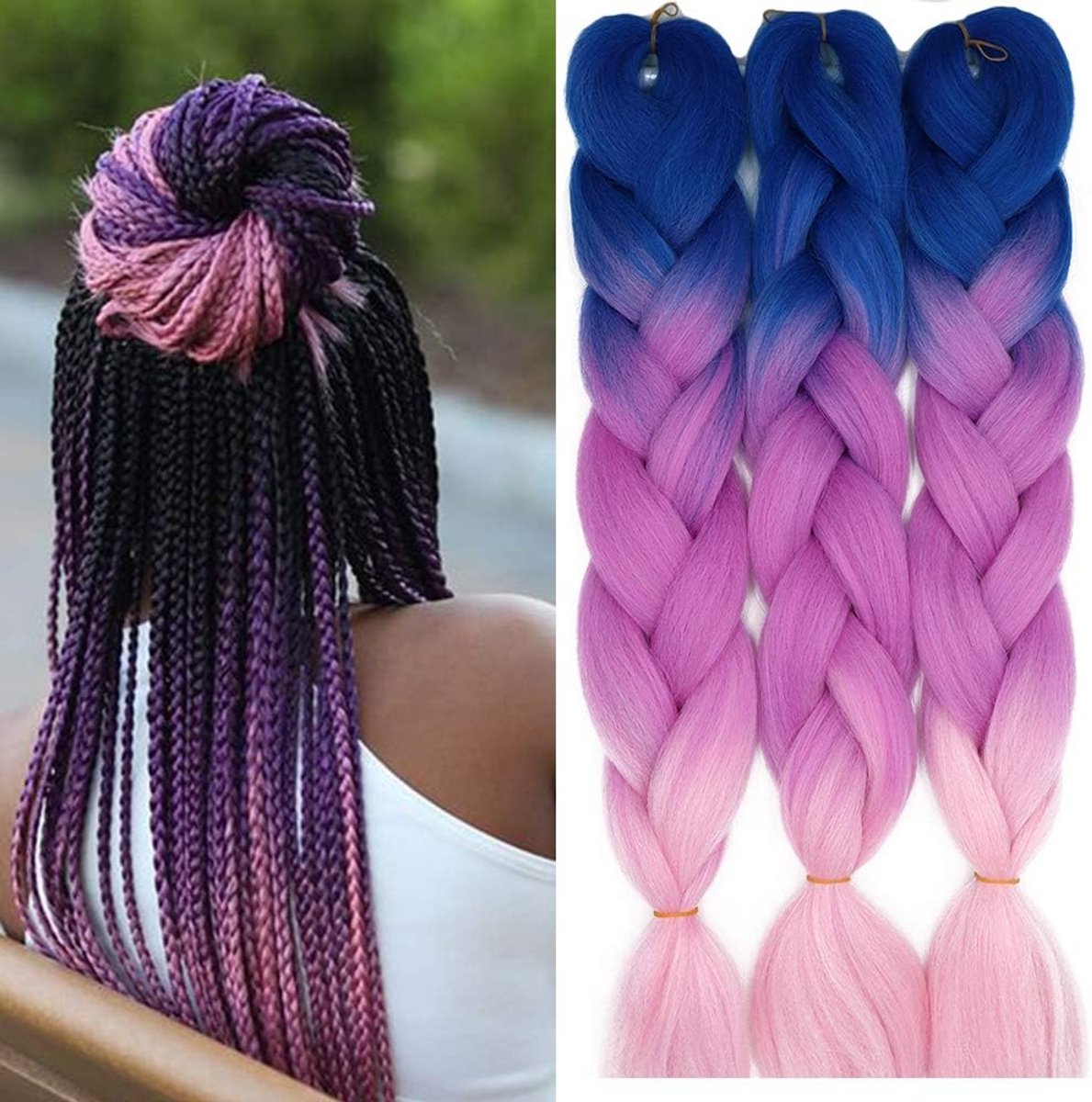 60cm vlechten extensions jumbo vlechten kunsthaar 3 bundels synthetisch crochet hair vlechtenhaar afro box braiding (blauw en lila en roze)