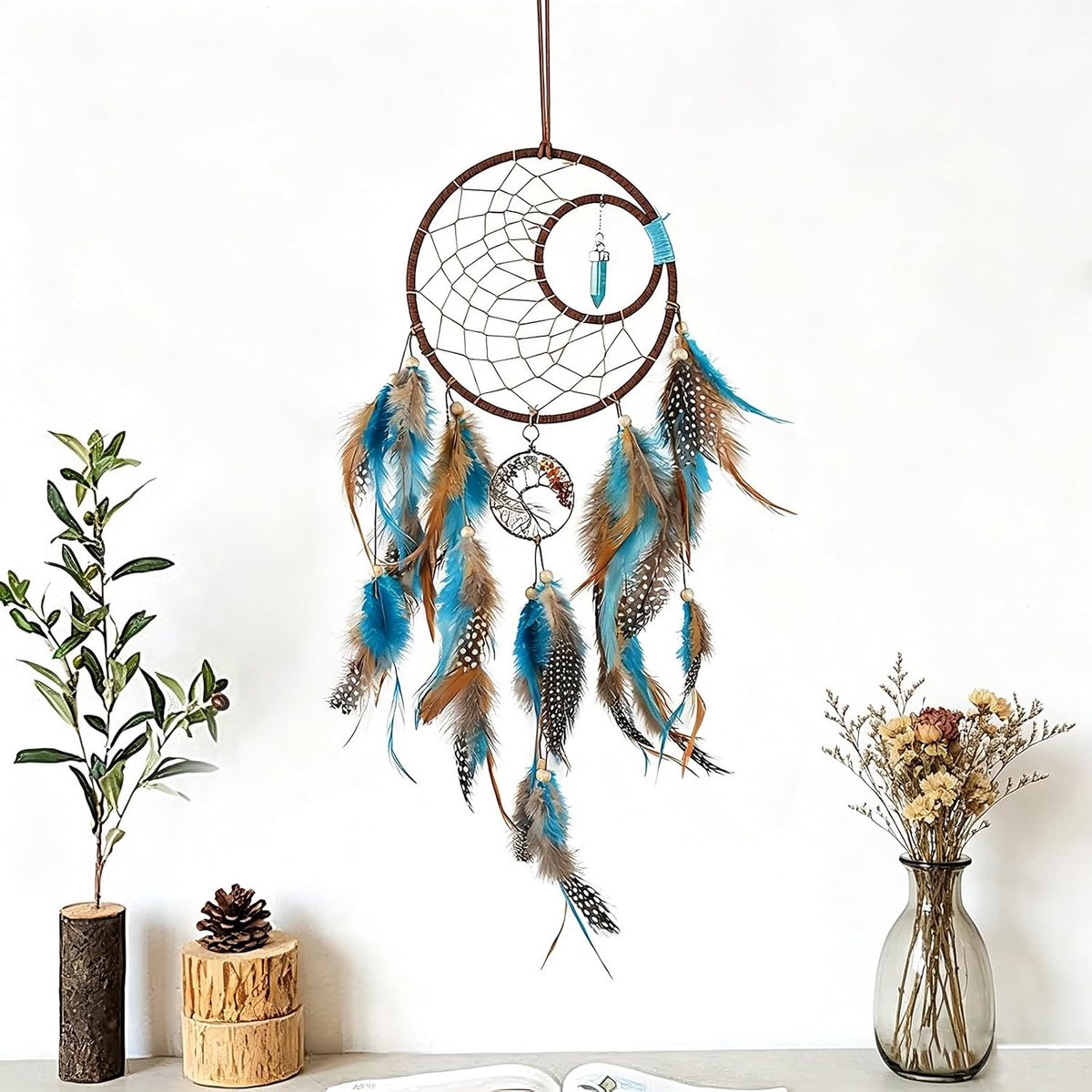 Dromenvanger voor kinderen, groot, meisjes, jongens, dromenvanger, klein, handgemaakt, Indianen, kinderkamer, decoratie, slaapkamer, accessoires, verjaardagscadeau, bruin groen met levensboom