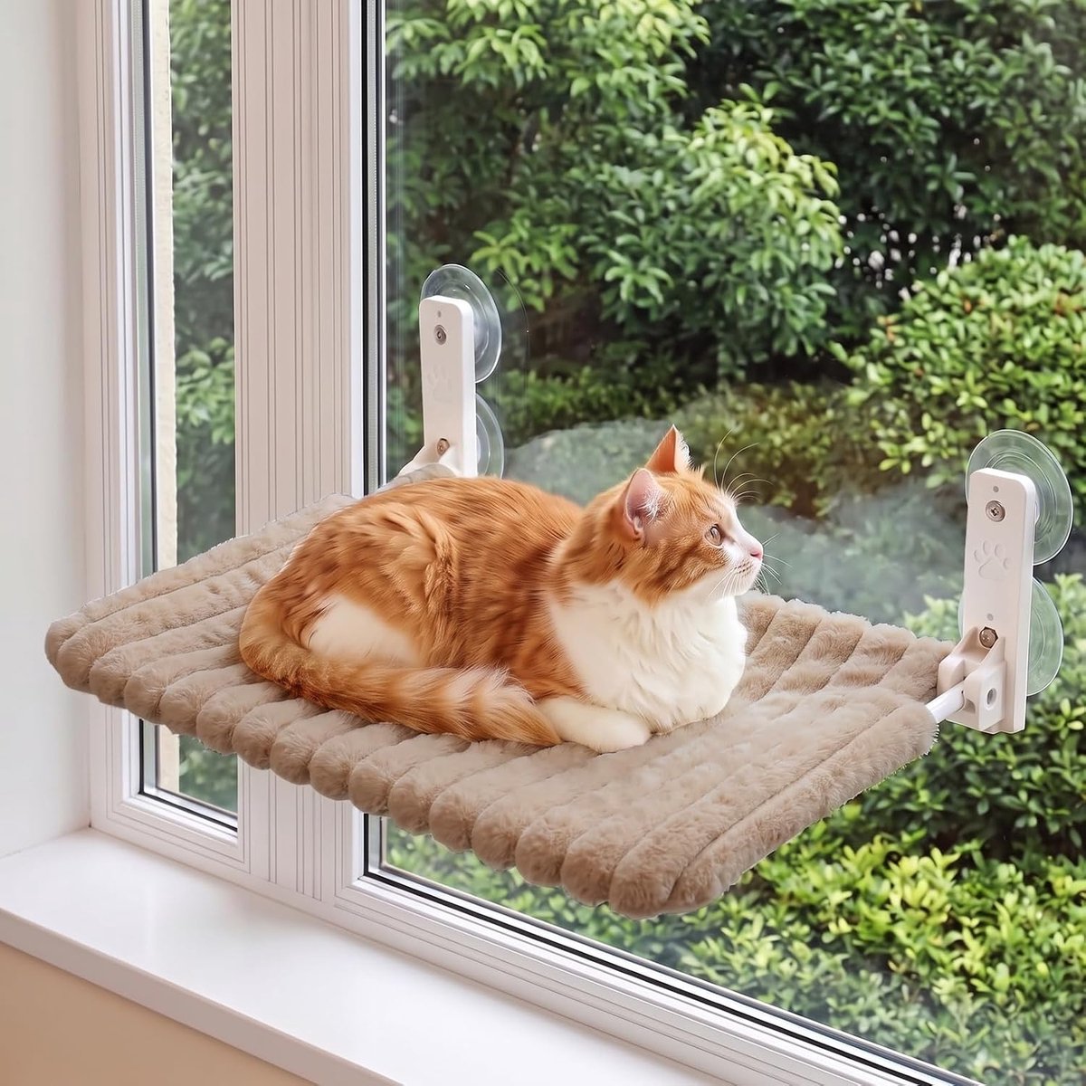 Raamligstoel met afneembare en omkeerbare overtrek, hangmat voor ramen, zachte kattenraam, hangmat met 4 sterke zuignappen, stabiel tot 18 kg (kaki)