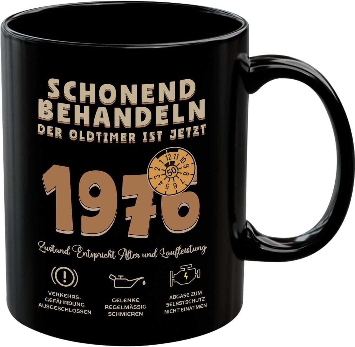 1976 Cadeau 50e verjaardag man, mok voorzichtig behandelen Oldtimer is 50, grappige koffiemok als voor mannen echtgenoot papa vriend collega broer, zwart, keramiek, 350 ml