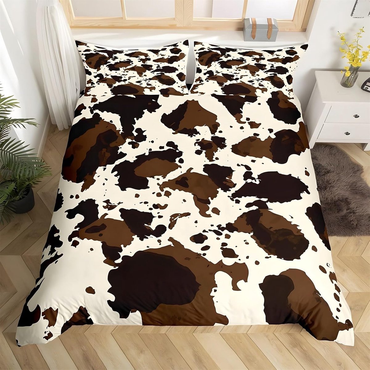 Eenpersoons Dekbedovertrek Set Koe Print Beddengoed Set Microfiber Bruin Dekbedovertrek met Kussenslopen Omkeerbaar Beddengoed Met Ritssluiting 120x150CM