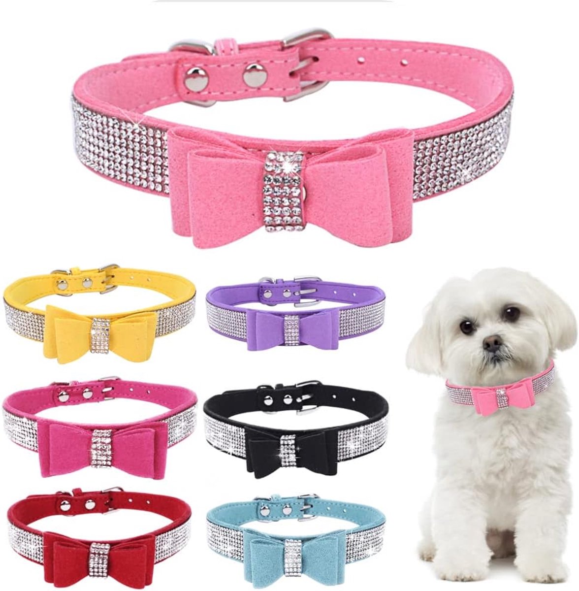 Hondenhalsband puppy met strass strik knoop kristal diamant kleurrijke bling meisje puppy kat halsbanden roze S