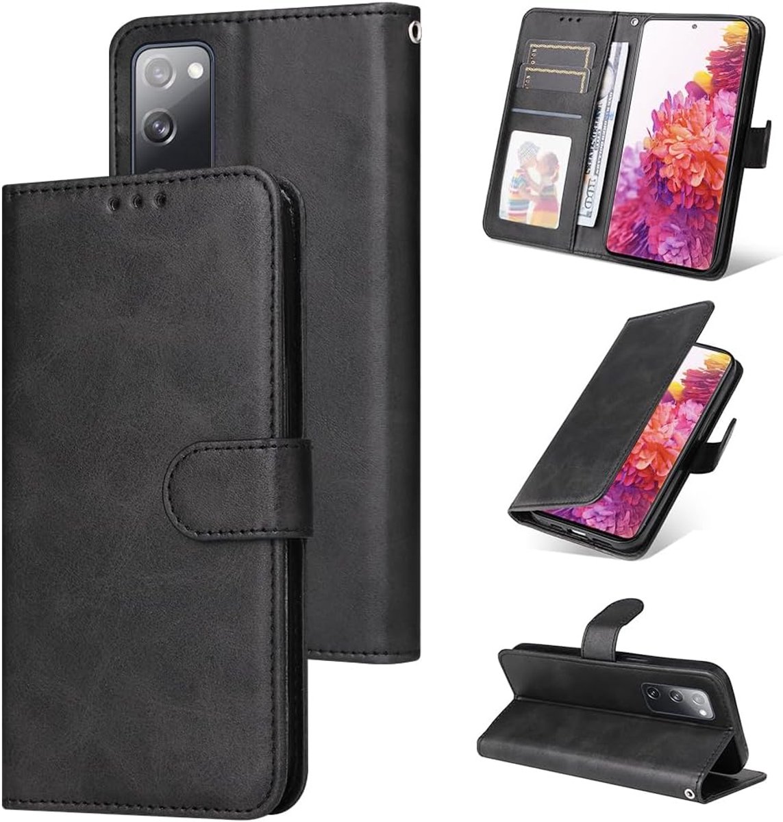 Telefoonhoesje voor Samsung Galaxy S20 FE, portemonnee-klaphoesje met standaard, zwart, synthetisch leer en TPU, 360° bescherming
