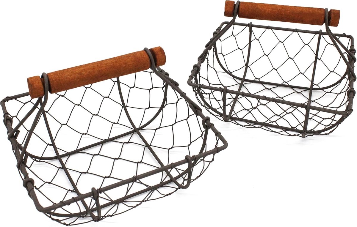 Eiermanden roest verzamelmanden met houten handvat land vintage stijl opbergmanden. Set van 2 (vierkant)