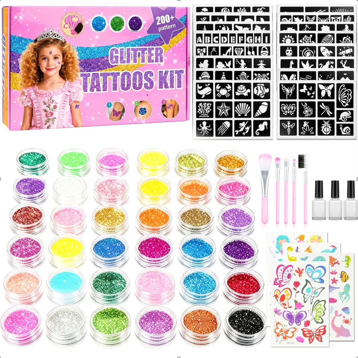 Glittertattooset voor kinderen, 36 kleuren, waterdichte glittertatoeages voor kinderen, bevat 220 sjablonen, 4 tatoeages, 5 penselen, 3 lijm, tijdelijke tatoeages voor kinderen, meisjes, feesten