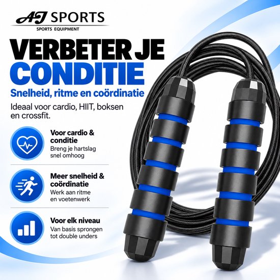 Zwart springtouw met blauwe en zwarte handvatten, met tekst 'Verbeter je conditie' en pictogrammen.