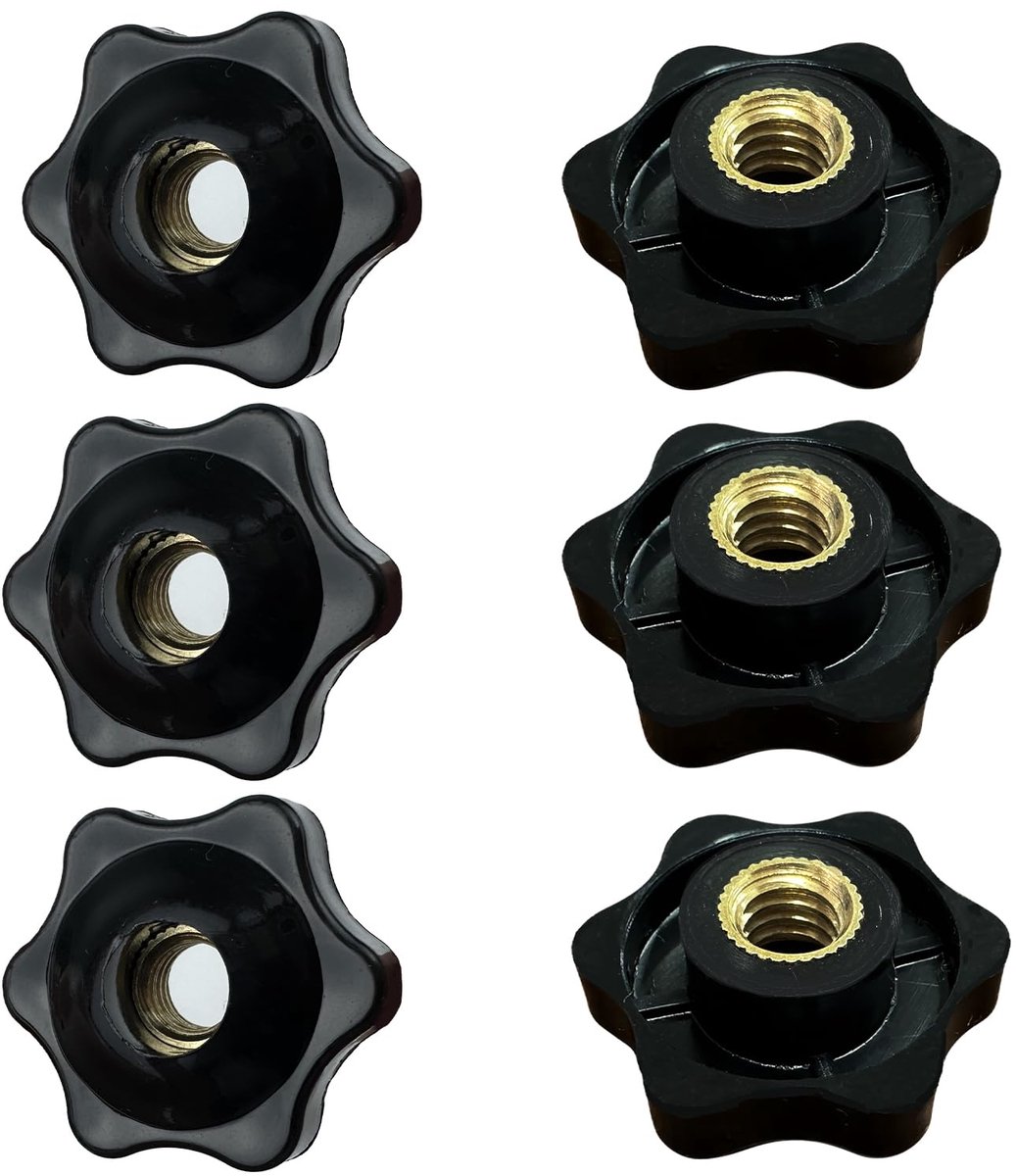 6 stuks M8 gekartelde knop, zwarte schroef-op type sterknop doorlopende schroefdraad knop klemmoeren hardware moeren duimmoeren 6-stervorm handvaste klemknoppen voor machinevergrendeling