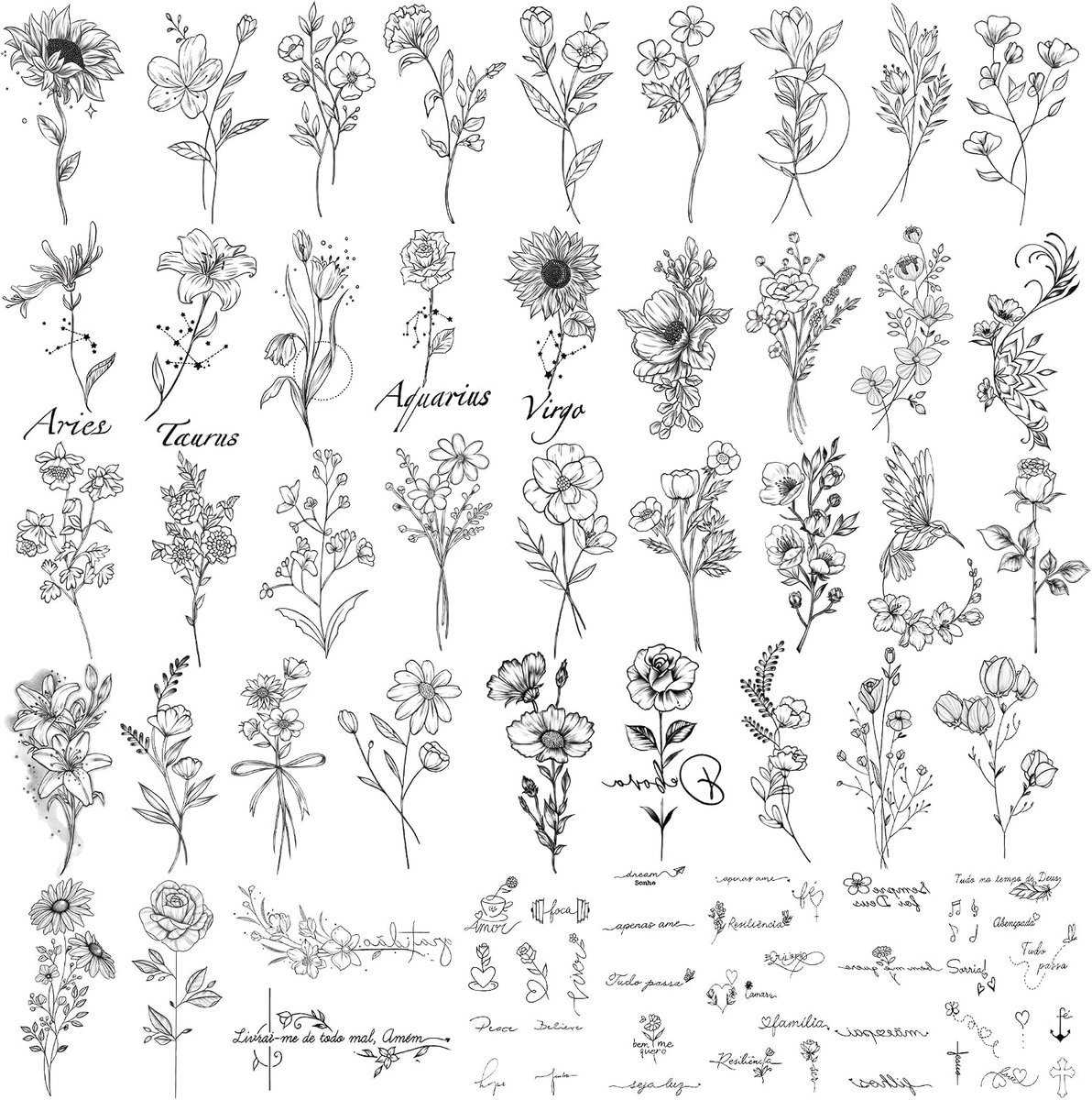 Tijdelijke tattoo - 90 vellen realistische nep-tatoeages, 52 vellen inspirerende woorden tattoo-stickers, 38 vellen Wild Flower Floral Rose-stickers voor dames en heren