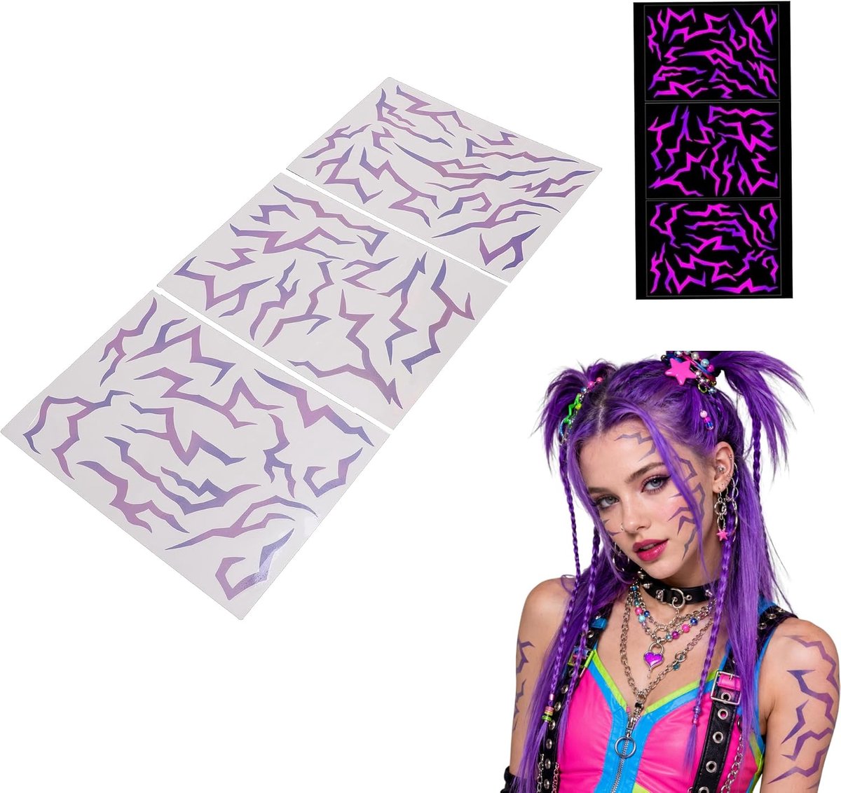3 Stuks Glow in Dark Anime Stickers, Paarse Tijdelijke Tatoeages, Gezichtslichaamskunst voor Cosplay Kerstfeestjes, Gemakkelijk aan Te Brengen Verwijderen, Feestelijke Reactieve