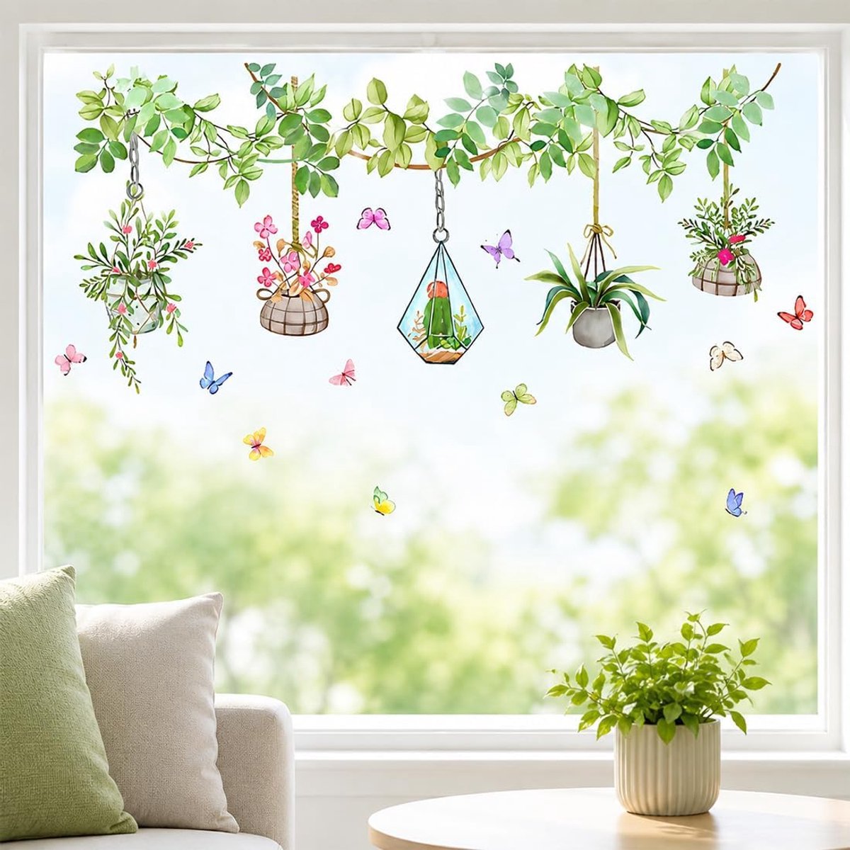 planten muurstickers, bloemige raamdecoratie voor lente, zomer, raamsticker, raamfolie, herbruikbaar, vlinderstickers voor ramen, raamfoto's, planten hangend