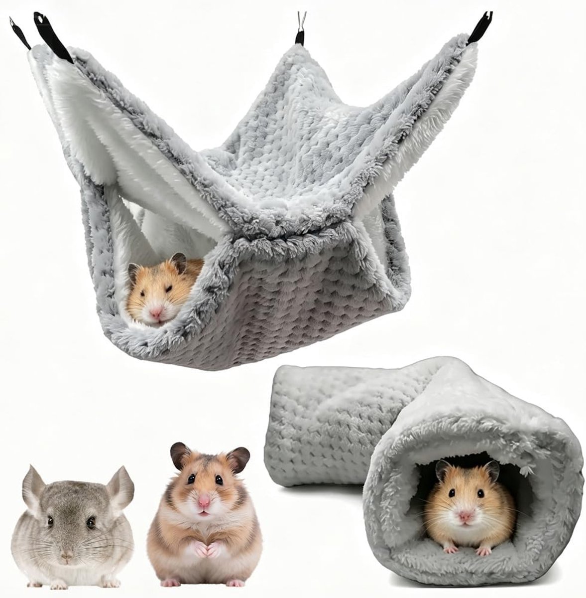 2 stuks hangmat voor kleine dieren, hangmat en tunnel, dubbellaagse warme hamsterkooi, hangmat, zacht hangbed, voor kleine dieren zoals hamsters, fretten, chinchilla's en ratten (grijs)
