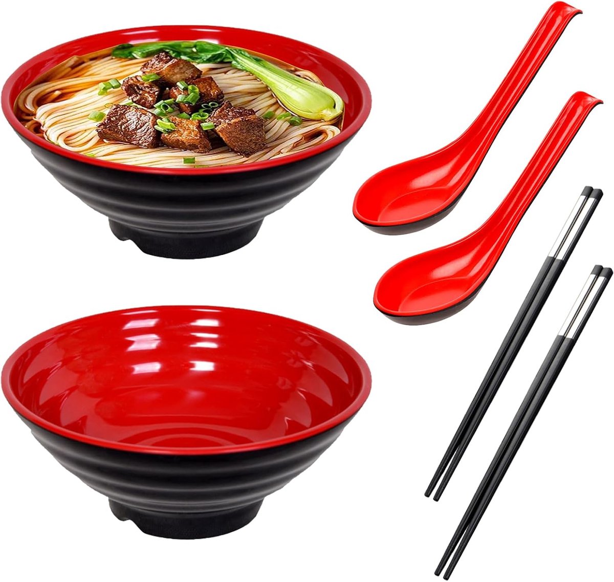 2 Stuks Japanse Ramen Kommen Set: 20 cm Soepkom Met 2 Eetstokjes en 2 Lepels, Melamine Kom Voor Pasta, Fruit, Salade