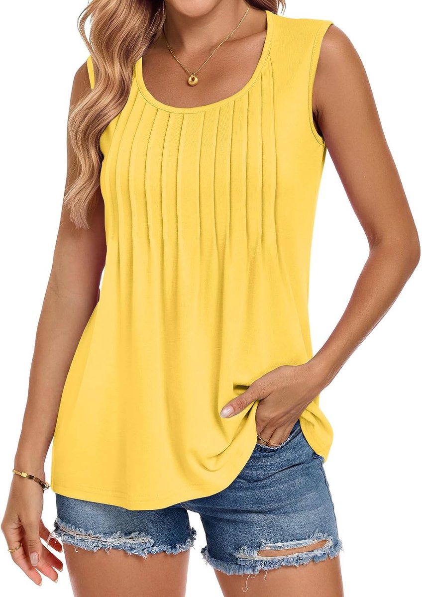 Dressy Casual Geplooide Vest Tops Losse Fit Vloeiende Ronde Hals Tank Dames Mouwloze Tuniek