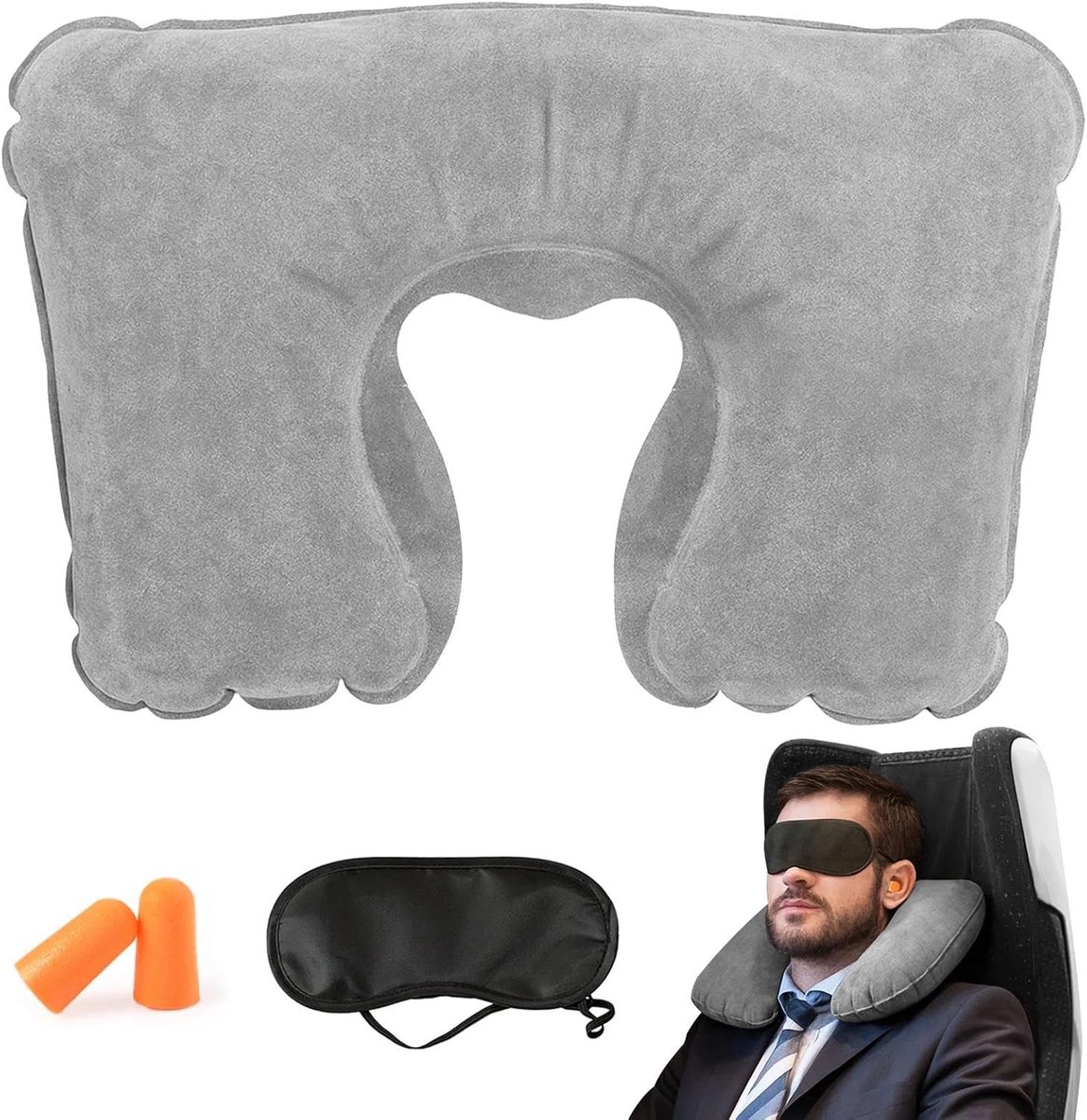 Opblaasbaar kussen, nekkussen, vliegtuig, opblaasbaar, reiskussen, vliegtuig, nekkussen met oogmasker en oordopjes, nekkussen voor volwassenen, voor camping, reizen, slaaprust, auto, kantoor