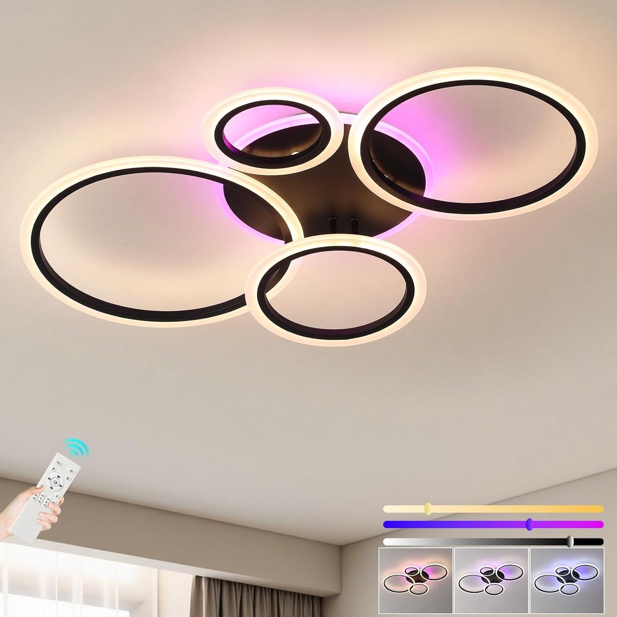 LED-plafondverlichting met afstandsbediening, 50W opbouwverlichtingsarmatuur met 4 zwarte ringen, kroonluchters plafondlamp voor woonkamer slaapkamer lounge eetkamer (3000-6000k)