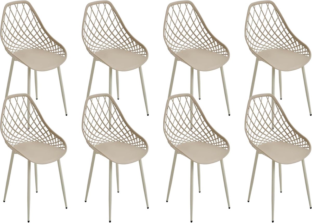 Set van 8 Patio Bistro-stoelen Tuinmeubels Stoel met PP-zitting en metalen frame Buitenstoelen voor op het balkon, het gazon en bij het zwembad Kaki