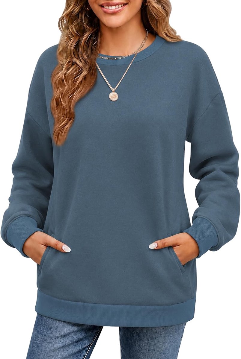 Sweatshirt voor dames, ronde hals met zakken, contrasterende losse