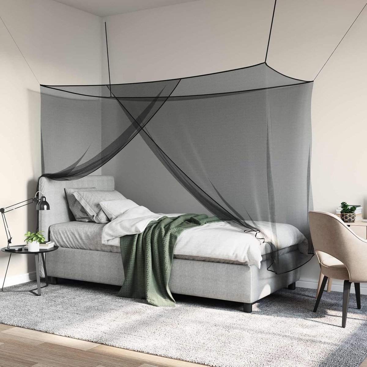 Klamboe voor bed, 220 x 100 x 150 cm, zwart, polyester, insectenbescherming met 156 mazen, 3-delige set met touw en schroeven