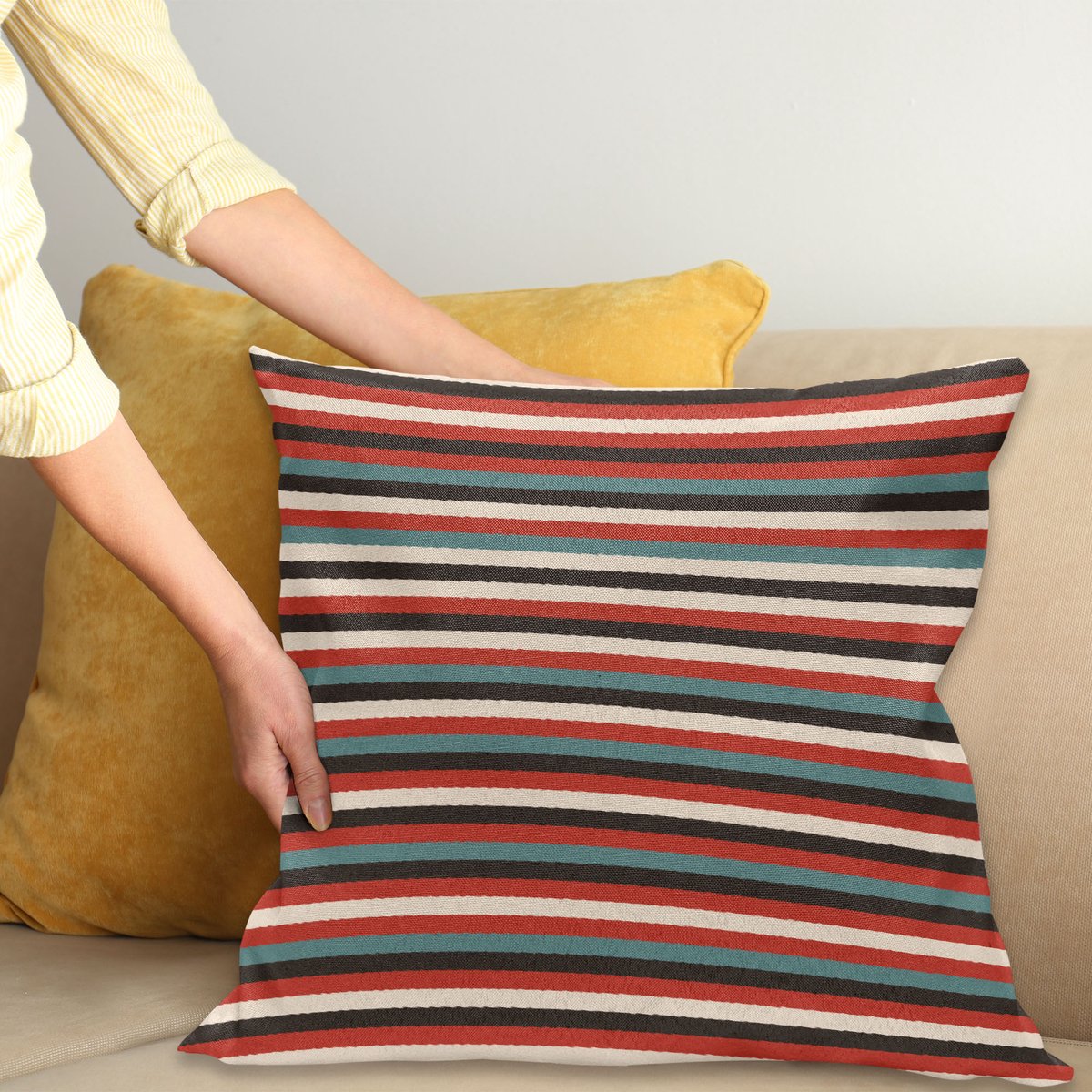 ABAKUHAUS Gestreift Kussenhoes, Vintage 60er Rood Zwart, Met Ritssluiting, Wasbaar, Dubbelzijdige Digitale Print, Heldere Kleuren, Hoogwaardige Stof, 40 x 40 cm, Meerkleurig