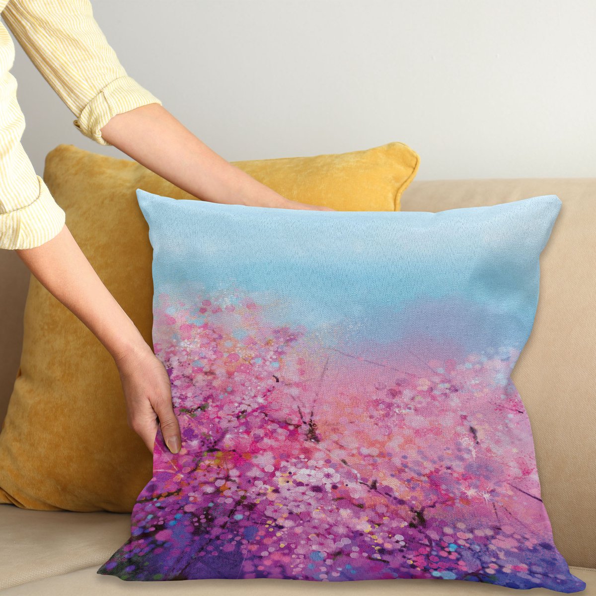 ABAKUHAUS Japans Kussenhoes, Kirsche Lente-Thema, Kussenhoes met Dubbelzijdig Patroon, Heldere Digitale Print, Kleurecht, met Ritssluiting, 40 x 40 cm, Lila Lichtblauw
