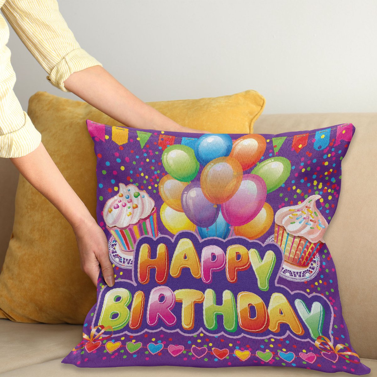 ABAKUHAUS Lila Kussenhoes, Kuchen-Hart-Ballone, Water- en Vuilafstotende Stof met Digitale Print voor Binnen en Buiten, 45 x 45 cm, Meerkleurig