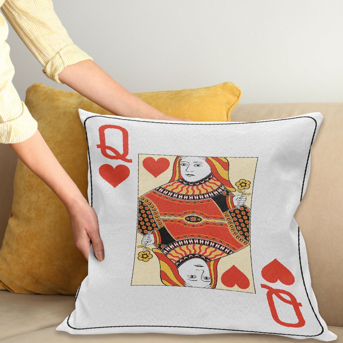 ABAKUHAUS Königin Kussenhoes, Spielen Poker-Karten-Deck, voor de Binnen of Buiten Gebruik Geschikt met Ritssluiting Wasbare Stof, 45 x 45 cm, Vermiljoen Geel Wit